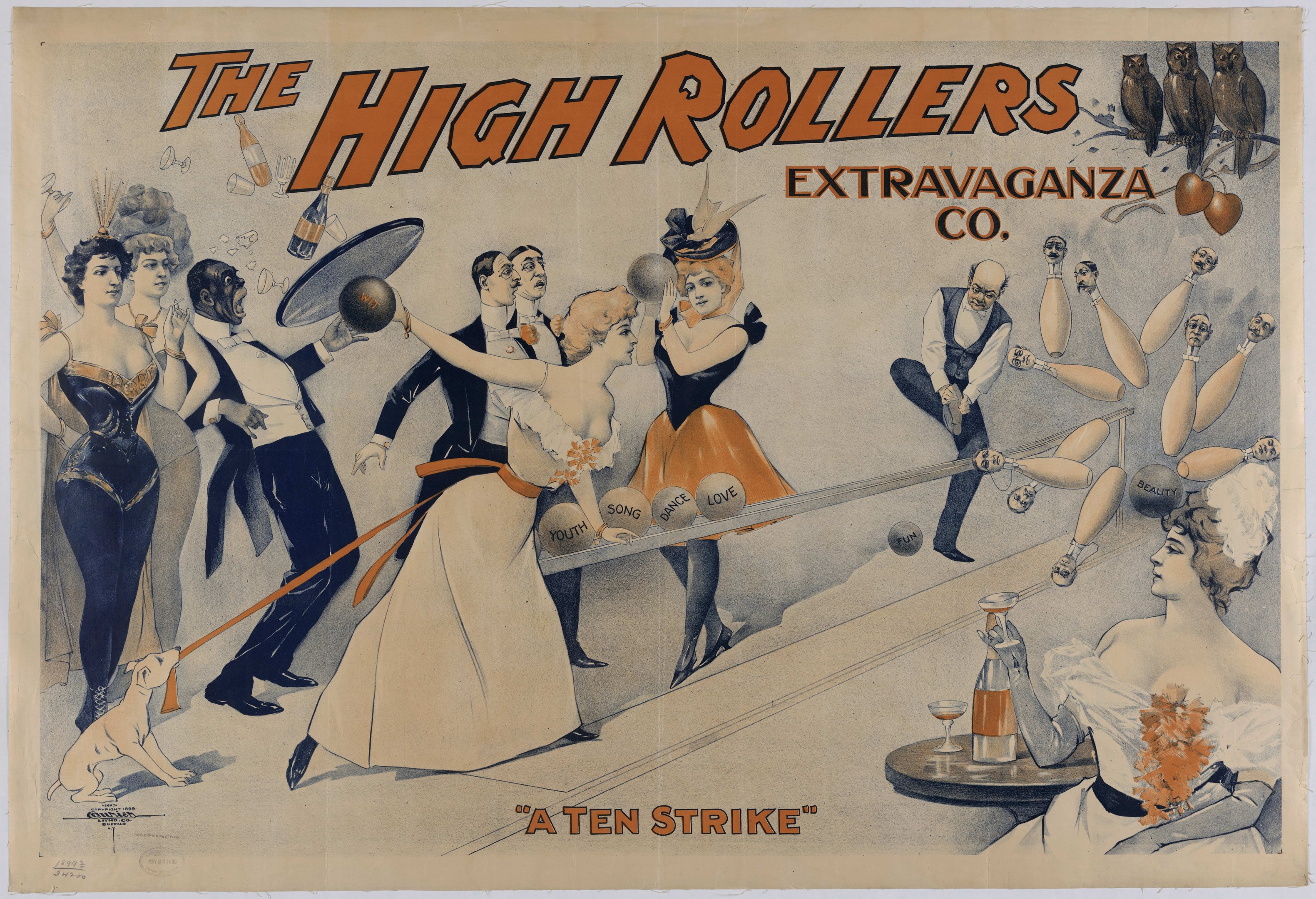 Vintage-Plakat aus den 1920er Jahren für die High Rollers Extravaganza Co., das ein Bowling-Spiel bewirbt und Menschen in historischer Kleidung zeigt, mit der Aufschrift 'A Ten Strike' oben, in leuchtenden Blauen, Grünen und Gelben.