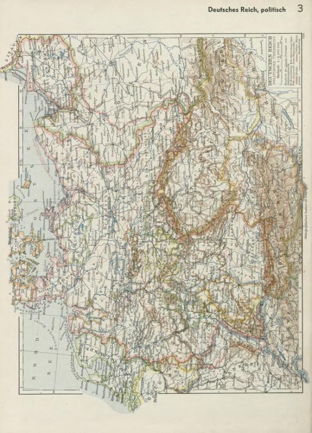 Alte Karte von Deutschland aus dem 19. Jahrhundert, die die politischen Grenzen zeigt, auf altem Papier gedruckt mit Text oben und unten.