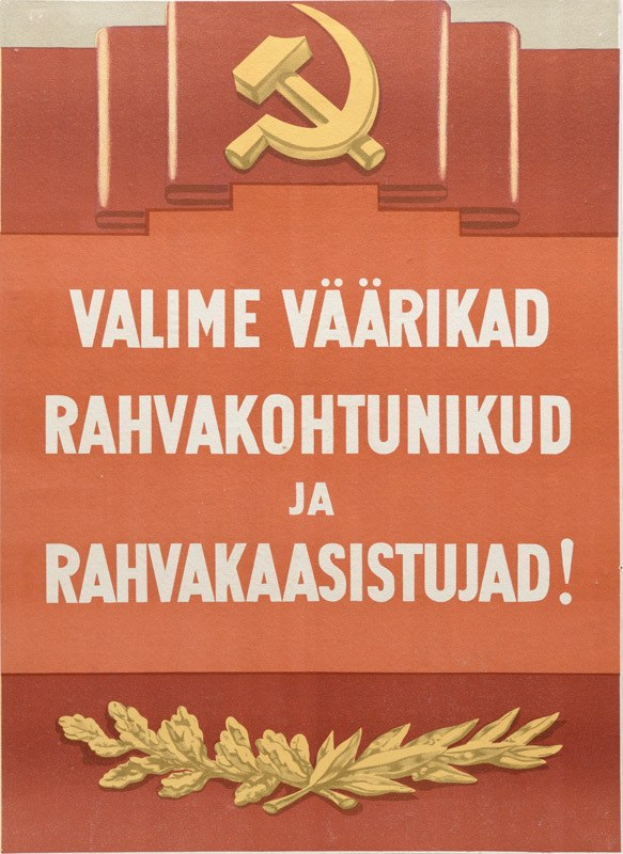 Sowjetische Propagandaplakat mit Hammer und Sichelsymbol und Text zum Soviet Union.