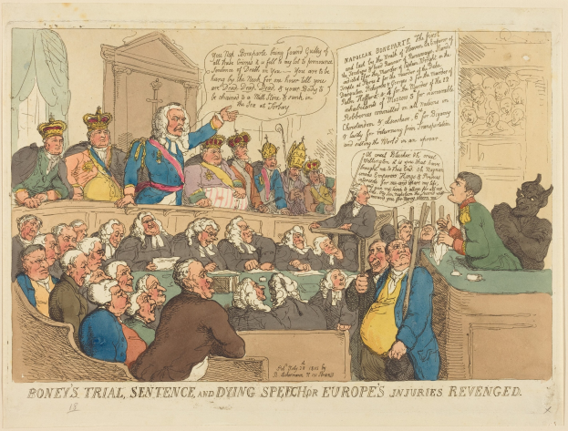 Cartoon-Illustration einer Gerichtsszene mit dem Titel "Boney's Trial, Sentence, and Dying Speech Europe's Injuries Revenged", die eine Gruppe von Menschen mit einer zentralen stehenden Figur und einem Tisch mit Gegenständen auf der rechten Seite zeigt.