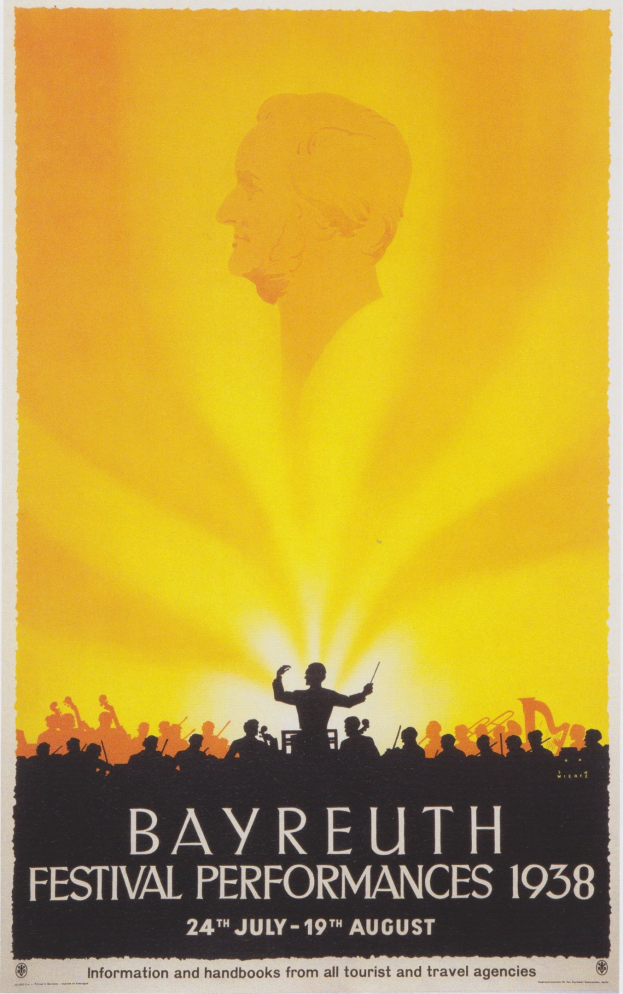 Plakat für die Bayreuth-Festival-Aufführungen 1938 mit einer zentralen Figur umgeben von einer Gruppe, mit Text- und Gestaltungselementen.