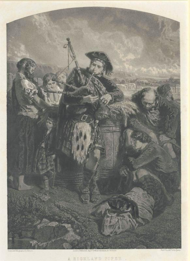 Schwarze und weiße Gravur eines Mannes, der eine Dudelsack vor einer Gruppe von Menschen spielt, mit einem bewölkten Himmel im Hintergrund, mit der Inschrift "Ein Highland-Pfeifer" unten.
