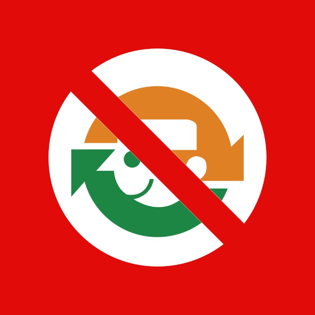 Ein rotes und weißes Schild mit einem nach rechts zeigenden Pfeil und der Text "Keine Recycling" in fetter schwarzer Schrift.