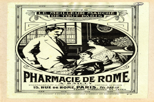 Schwarz-weiß-Anzeige für eine Apotheke in Rom, die einen Mann und eine Frau zeigt, die nebeneinander stehen, mit Text, der die Apotheke und ihre Dienstleistungen beschreibt.