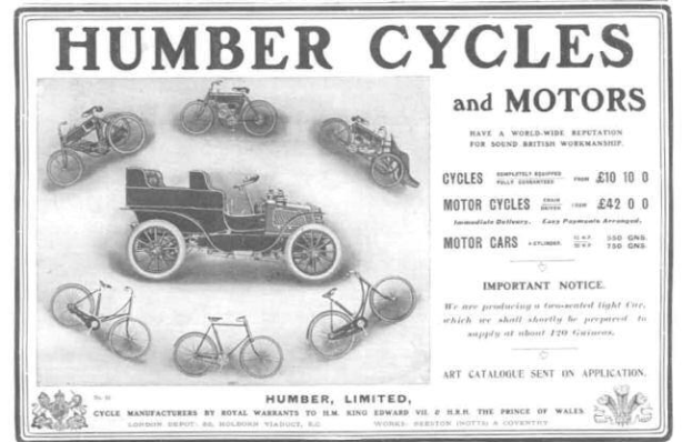 Anzeigetafel für Humber Fahrräder und Motoren, die verschiedene Fahrräder und Motorfahrzeuge mit beschreibendem Text zeigt.