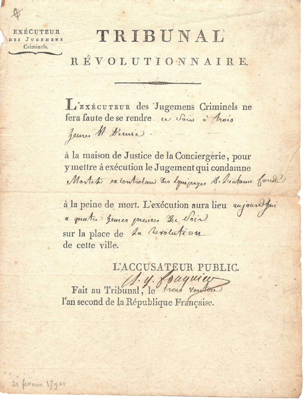 Altes französisches Rechtsdokument mit der Bezeichnung 'Tribunal Révolutionnaire', das Hinrichtungen beschreibt, mit vergilbtem Papier und geschwungener Schrift.