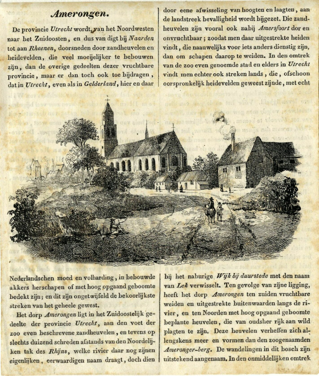 Ein abgenutztes Buchcover mit einer handgezeichneten Illustration eines Dorfes, einschließlich Häuser, Bäume und Menschen, neben gedrucktem Text.