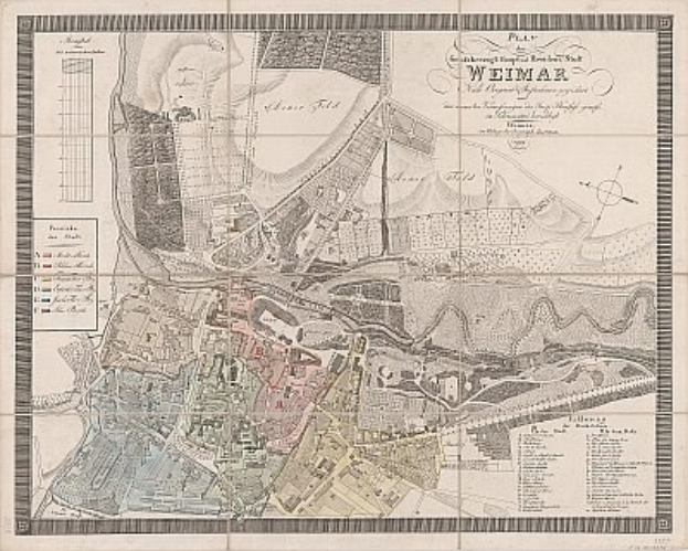 Detailierte alte Karte von Weimar, Deutschland, die Straßen, Gebäude und Sehenswürdigkeiten zeigt, mit begleitendem Text über die Bevölkerung und bemerkenswerte Merkmale der Stadt.