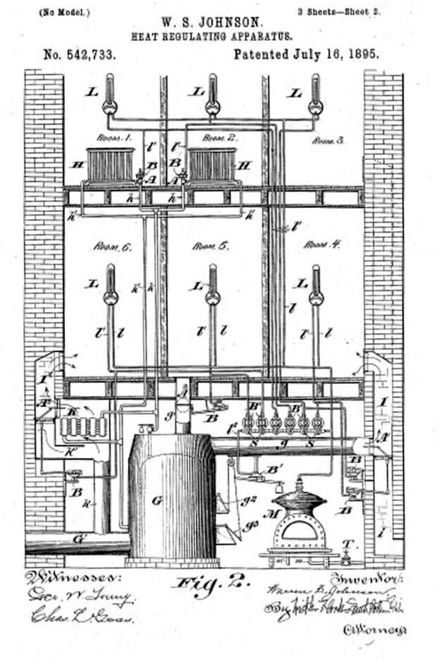 Ein detailliertes technisches Zeichnung aus dem Jahr 1885 einer Wärmeregulierungsmaschine mit zahlreichen Rohren und Ventilen, begleitet von erklärendem Text.