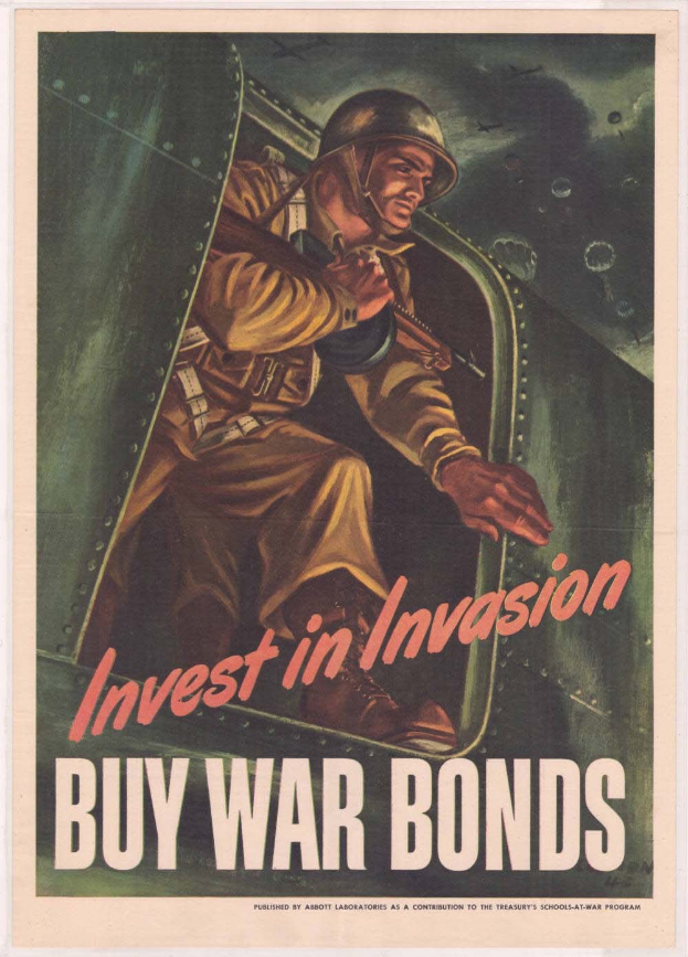 Plakat mit einem Soldaten in Helm und Militäruniform, der eine Waffe hält, und dem Text "Investiere in die Invasion, kaufe Kriegsanleihen" darüber.