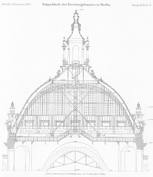 Eine detaillierte Zeichnung des Hauptsaals des Reichstagsgebäudes mit einem Uhrenturm, skizziert auf Papier mit begleitendem Text.