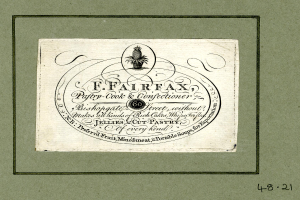 Eine alte Visitenkarte mit einer Ananas-Illustration und beschreibendem Text.