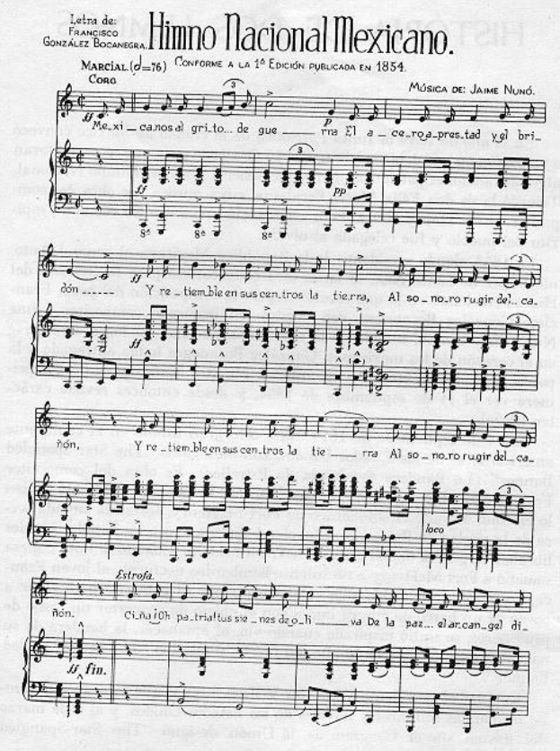 Ein Notenblatt mit der Überschrift "Himno Nacional Mexicano" in traditioneller mexikanischer Notation im 4/4-Takt, eingerahmt von einem schmalen schwarzen Rand.