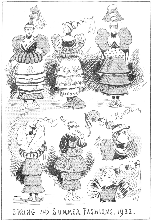 Schwarz-weiß-Illustration von Frauen in der Frühjahrs- und SommerMode von 1932, begleitet von beschreibendem Text.