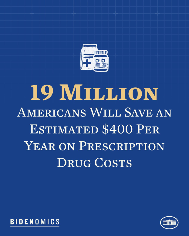 Ein blauer Hintergrund mit weißer Schrift und einem Logo, auf dem steht: "19 Millionen Amerikaner werden geschätzte 400 USD pro Jahr an Arzneikosten sparen."