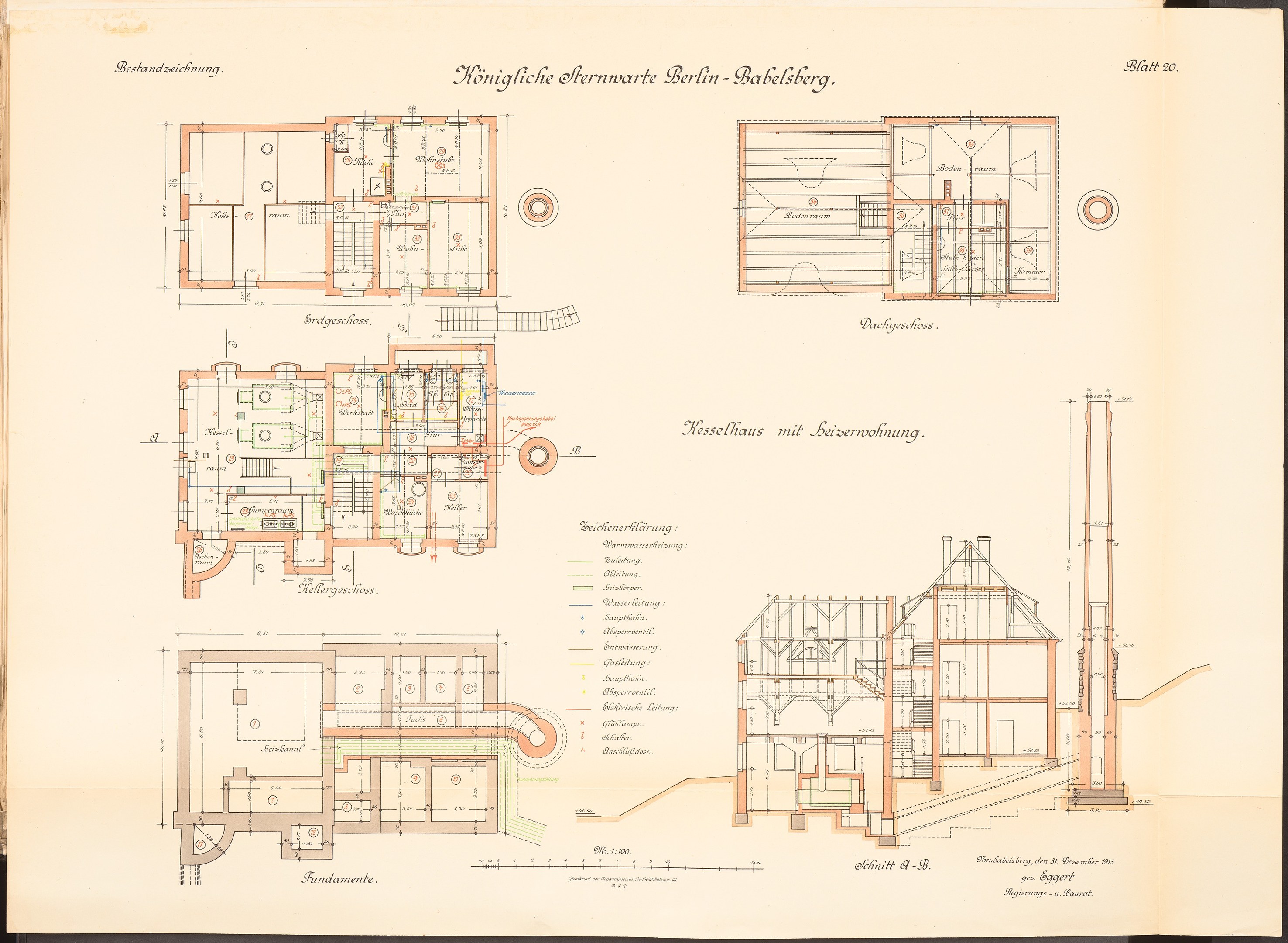 Altes Buch mit detaillierten Architekturplänen und Text, zeigt eine Zeichnung des ursprünglichen Plans für die Königliche Hermwerk Berlin-Baklberg.