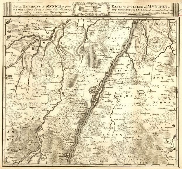 Alte gedruckte Karte von München, Deutschland, mit einem Fluss und umgebendem Text auf altem Papier.