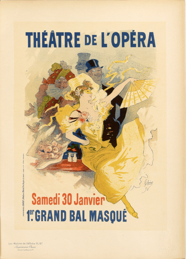 Plakat für das Théâtre de l'Opéra in Paris, das eine Frau in einem weißen Kleid mit einem blauen Schultertuch zeigt, deren Haare zu einem Dutt gebunden sind, vor einem tiefblauen Hintergrund mit Sternen und schwarzer Schrift, die 'Theater der Oper' lautet.