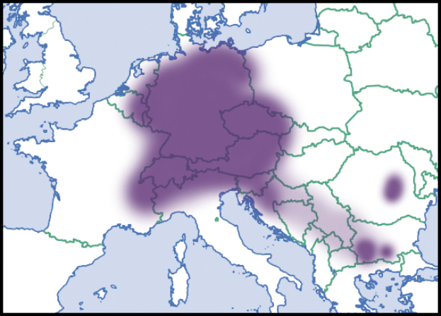 Eine Europakarte mit einem schwarzen Rand oben und unten und einem violetten Bereich in der Mitte, der das Ausmaß der Europäischen Union angibt.