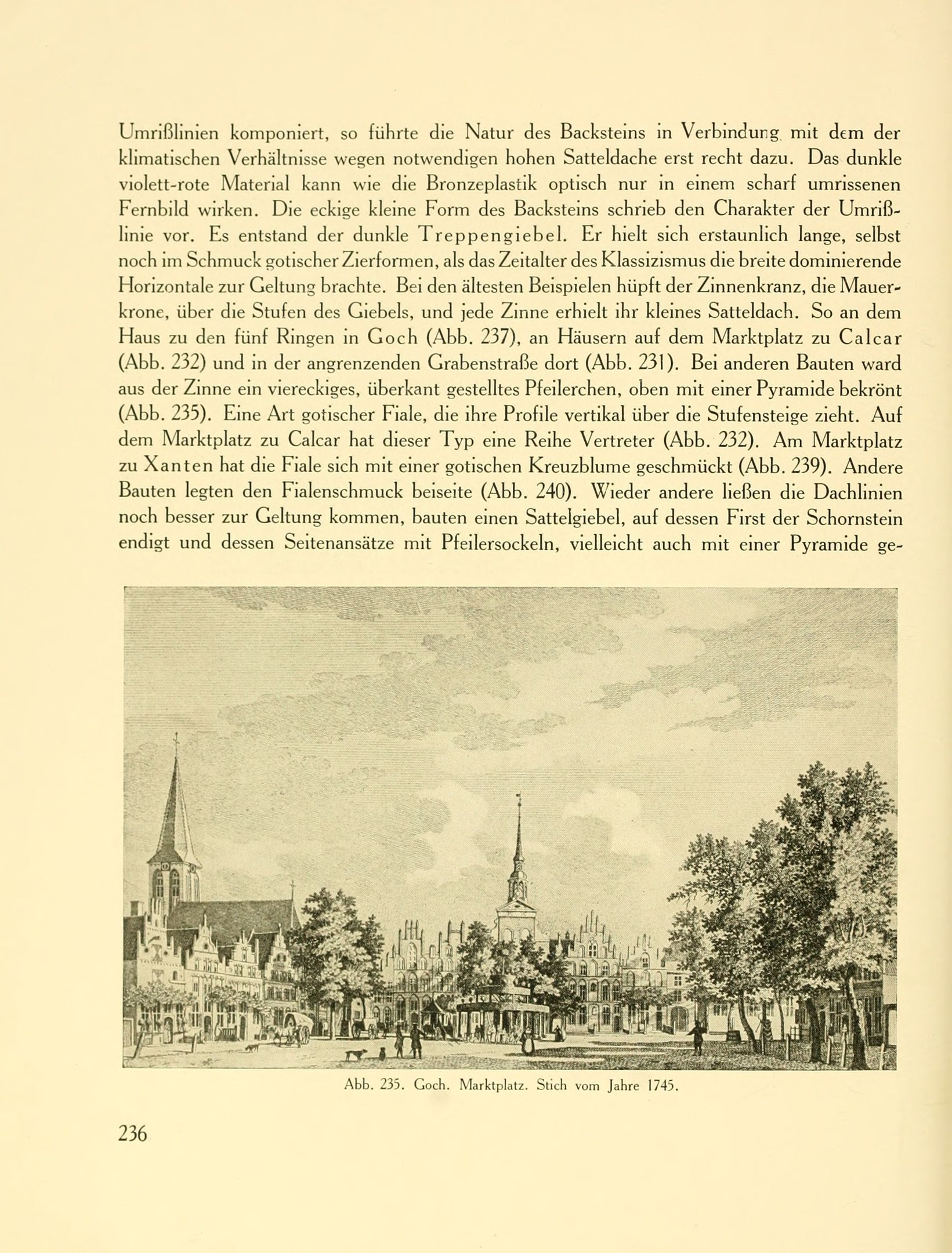 Ein aufgeschlagenes Buch mit einer detaillierten Stadtansicht, die Gebäude, Bäume und Menschen zeigt, sowie begleitendem Text.
