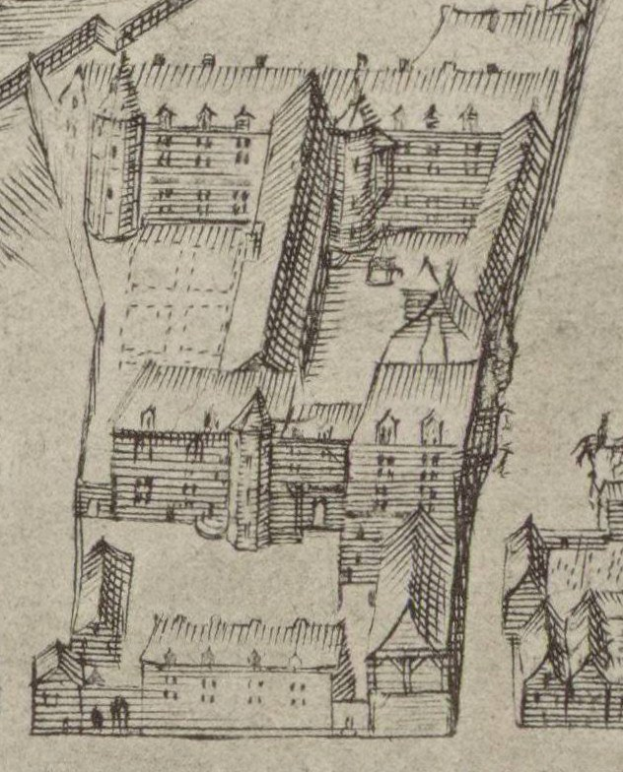 Eine handgezeichnete Stadtansicht mit mehreren Gebäuden und einem zentralen Haus, begleitet von handgeschriebenem Text auf demselben Papier.