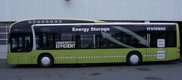 Ein grüner Elektrobus steht auf der Straße vor einem Gebäude mit einer Wand im Hintergrund, das wie ein Energiespeicherkraftwerk aussieht.