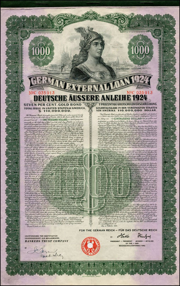 Deutsches Auslandsdarlehen-Zertifikat aus dem Jahr 1924 mit einem Porträt einer Frau, bedruckt mit Text und numerischen Denominationen.