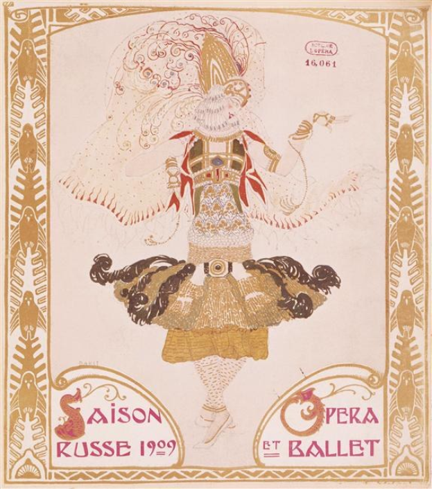 Plakat für die Pariser Ballettsaison 1909 mit dem Titel "Saison Russe" und einer gemalten Tänzerin in einer anmutigen Pose.