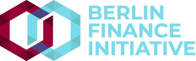Logo der Berliner Finanzinitiative mit einem blauen Kreis mit weißer Umrandung und einem weißen 'B' in der Mitte, umgeben von einem weißen Ring mit blau-weißem Karomuster auf weißem Hintergrund.