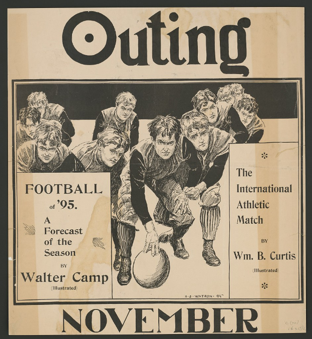 Schwarzer Hintergrund-Plakat betitelt "Ausflug Fußball von '95: Eine Vorhersage der Saison" mit einer Gruppe von Menschen, wahrscheinlich Ankündigung eines Fußballspiels.