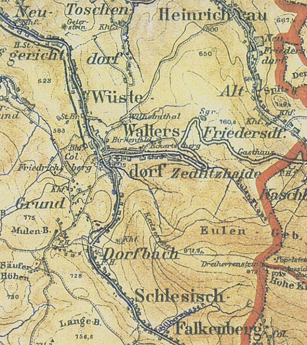 Alte detaillierte Karte von Schlesisch, Deutschland, markiert die Schlacht von Wallers-Friedersdorf mit Text und Zahlen, zeigt Straßen, Gebäude und geografische Merkmale.