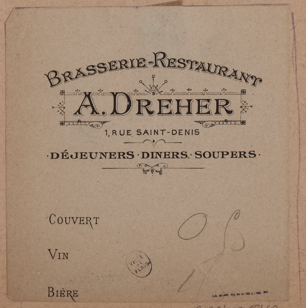 Altes Buchcover mit einer Zeichnung eines Brasserie-Restaurants und Text, der dessen Angebote beschreibt.