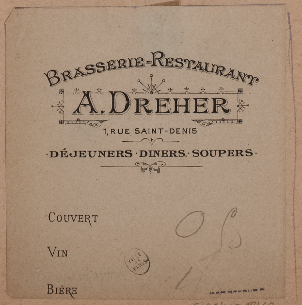 Altes Buchcover mit einer Zeichnung eines Brasserie-Restaurants und Text, der dessen Angebote beschreibt.