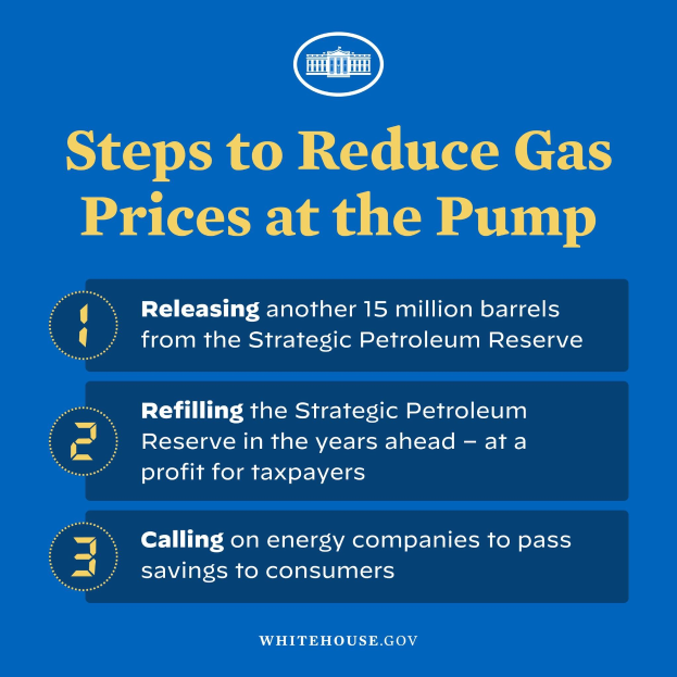 Plakat mit vier Schritten zur Reduzierung der Benzinpreise mit einem blauen und weißen Logo, das eine Zapfsäule in der Mitte zeigt.