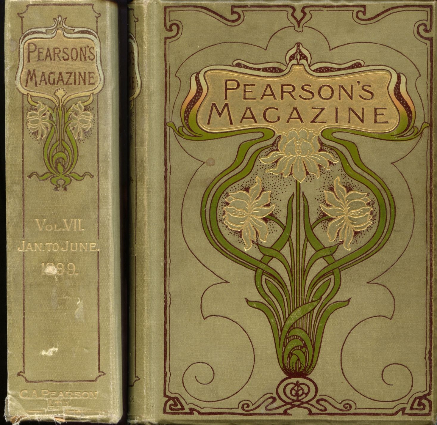 Zwei Bände von "Pearson's Magazine, Vol. VII, Januar bis Juni, 1899" vor dunklem Hintergrund.