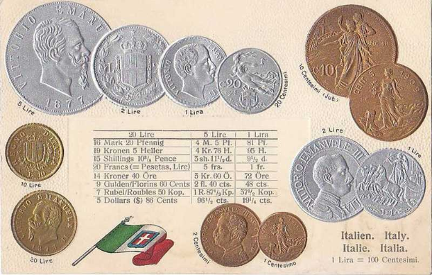 Ein Blatt Papier mit einer Reihe italienischer Münzen von 1877-1910, darunter mehrere 20 Lire Münzen mit Porträts und Text, sowie zwei Flaggen unten, darunter die italienische Flagge.
