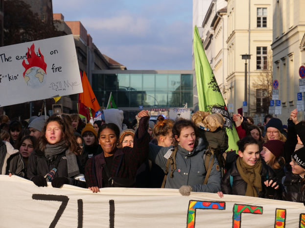Eine Gruppe von Menschen hält ein Transparent und Fahnen vor einem Gebäude, mit einem Baum links und Schildern rechts, an einer Klimademonstration teilnehmend.