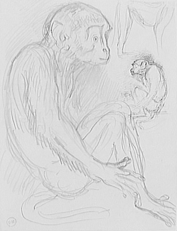 Eine Skizze eines hellbraunen Affen, der auf dem Boden sitzt und ein Baby in den Armen hält, mit einem sanften, friedlichen Gesichtsausdruck, während das Baby nach oben schaut und zufrieden lächelt.