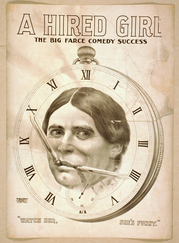 Plakat für "Eine angestellte Frau: Die große Farce-Comedy-Erfolgsshow" mit einer Person mit entschlossener Miene und einer Uhr im Hintergrund.