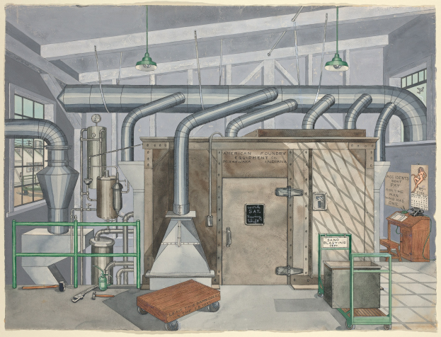 Ein detailliertes industriellesDrawing mit einer zentralen großen Maschine umgeben von verschiedenen Geräten, strukturellen Elementen und einer Aufschrift "American Foundry Equipment Co, Indiana".