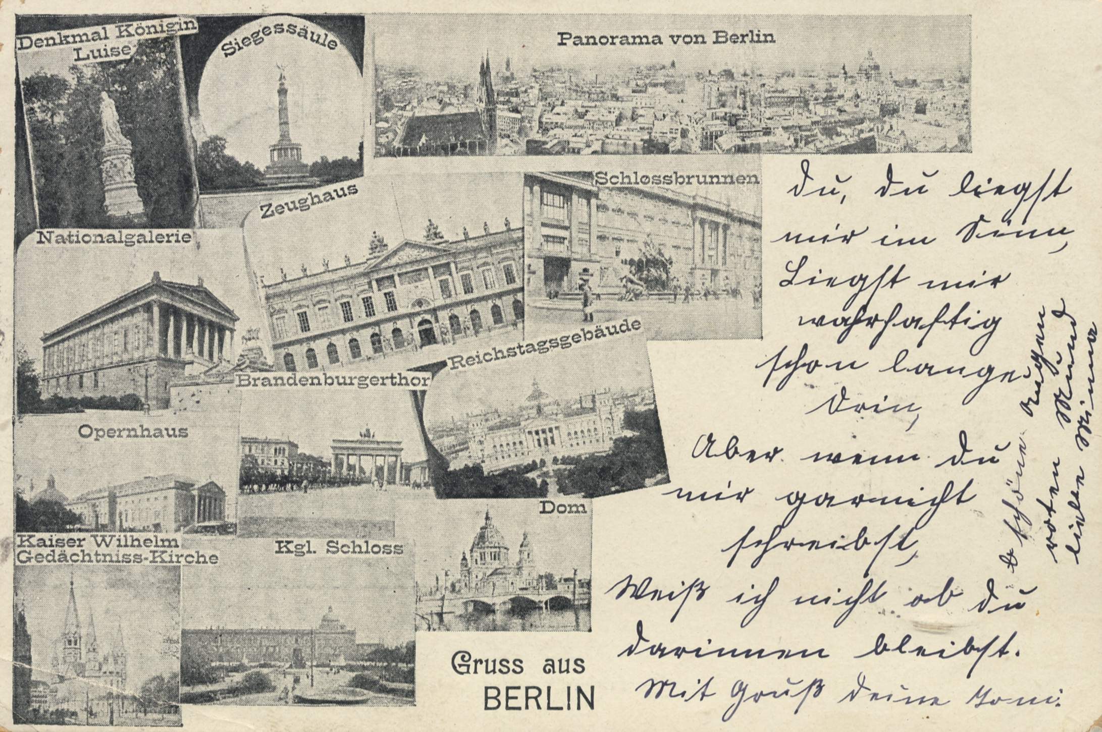 Eine Vintage-Postkarte mit mehreren Bildern von Berlin, darunter Architektur, Vegetation und eine Statue, mit handgeschriebener Schrift.
