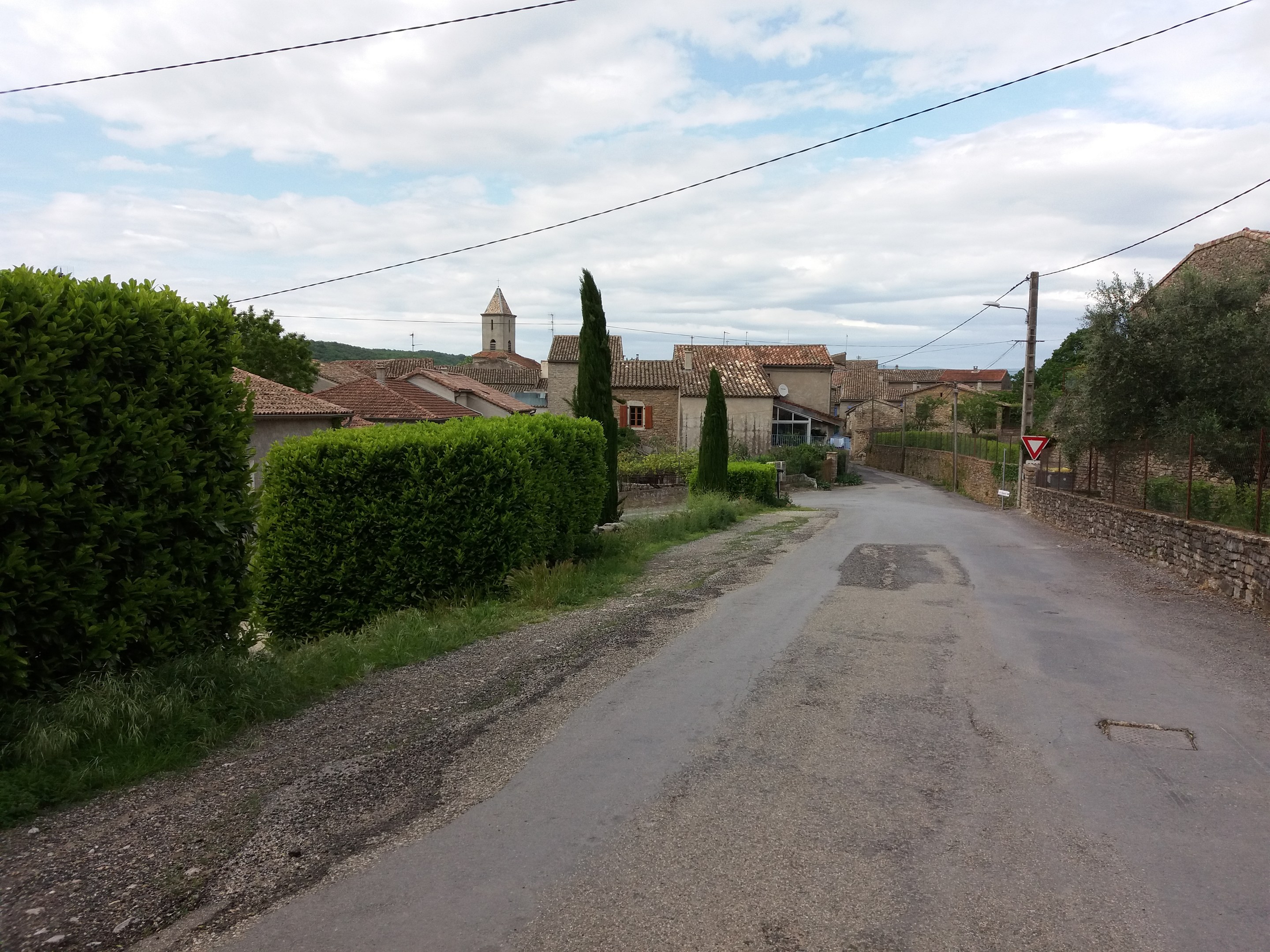 Kleines Dorf mit einer von Bäumen und Büschen gesäumten Straße, die zu Gebäuden im Hintergrund, Masten mit Drähten, einem Schild auf der rechten Seite führt, unter einem bewölkten Himmel.