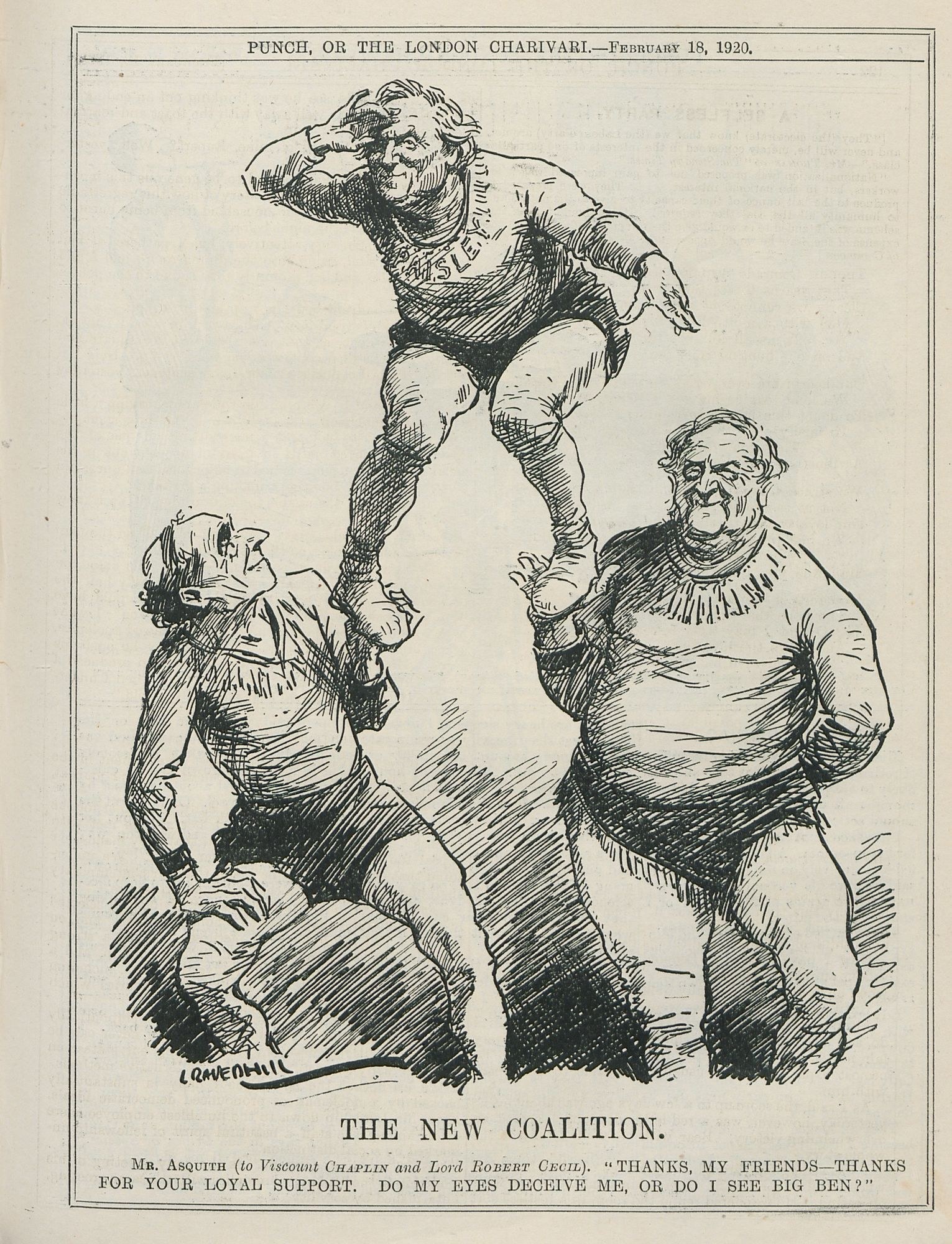 Ein Artikel mit dem Titel "Die neue Koalition" aus dem *Punch, or the London Charivari* vom Februar 18, 1920, der eine besorgte Gruppe von drei Personen zeigt, wobei eine Person in der Mitte die Arme ausbreitet.