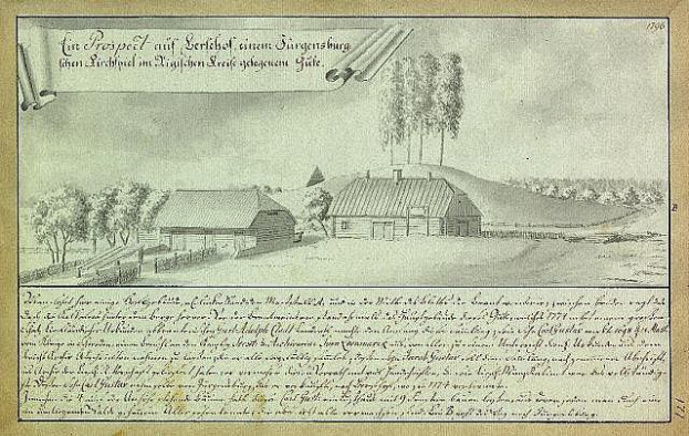 Eine handgezeichnete Karte von Surgensburg, Deutschland, die einen Hof in einem Feld mit umliegenden Häusern, Bäumen und Himmel zeigt, beschriftet mit "Surgensburg, Deutschland - Landschaft eines Hofes."