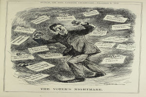 Ein Mann in Anzug und Krawatte hält ein Schild mit der Aufschrift "Der Albtraum des Wählers" und hat einen entschlossenen Gesichtsausdruck, der Stärke und Selbstvertrauen ausstrahlt.