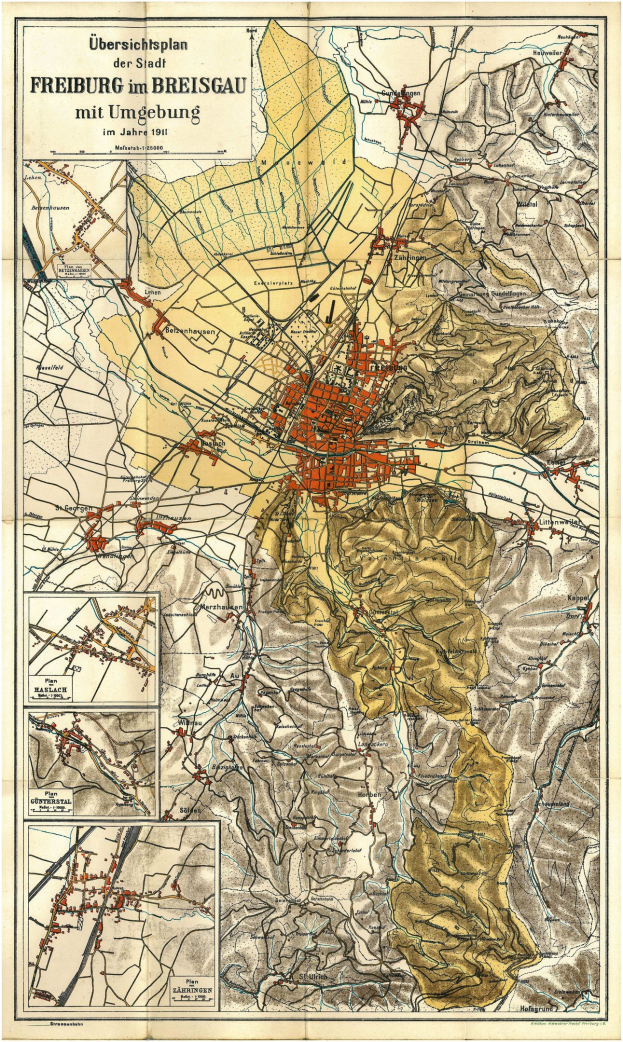Detailiertes altes Stadtplan von Freiburg, Deutschland, mit Straßen, Gebäuden und Sehenswürdigkeiten, begleitet von Text oben und unten auf dem Plakat.