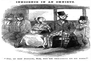 Eine Gruppe von Menschen in einem Zug, mit einer Frau in einem langen Kleid und Hut, die einen Korb hält, umgeben von besorgten Passagieren, die zu ihr hinsehen; die Zugfenster sind im Hintergrund sichtbar.