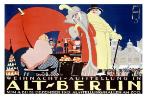 Plakat, das eine Weihnachtsausstellung in Alt-Berlin ankündigt, mit farbenfrohen Illustrationen von Menschen, Gebäuden und Gegenständen und dem Text "Weihnachts Ausstellung in Alt-Berlin" oben drauf.