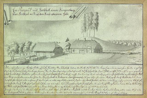 Ein altes Dokument mit einer Zeichnung eines Hofes in einem Feld, umgeben von Häusern, Bäumen und einem Himmel, mit der Inschrift "Surgensburg, Deutschland - Landschaft eines Hofes".