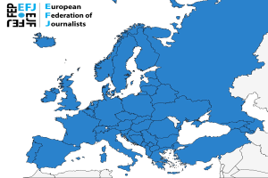 Eine Karte von Europa, die die Europäische Journalisten-Föderation (EFJ) in blau hervorhebt, mit zusätzlichen Textdetails.